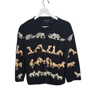 Michael Simon Vintage Sequined Safari Animal 3/4 Sleeve Cardigan W1555 Sz L